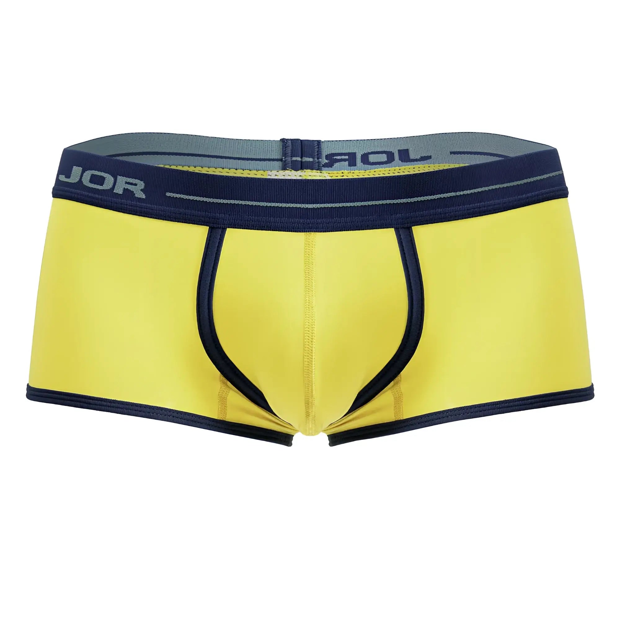 Bright yellow jor 2243 astra trunks men’s briefs with navy blue trim and elastic waistband for comfortable wear