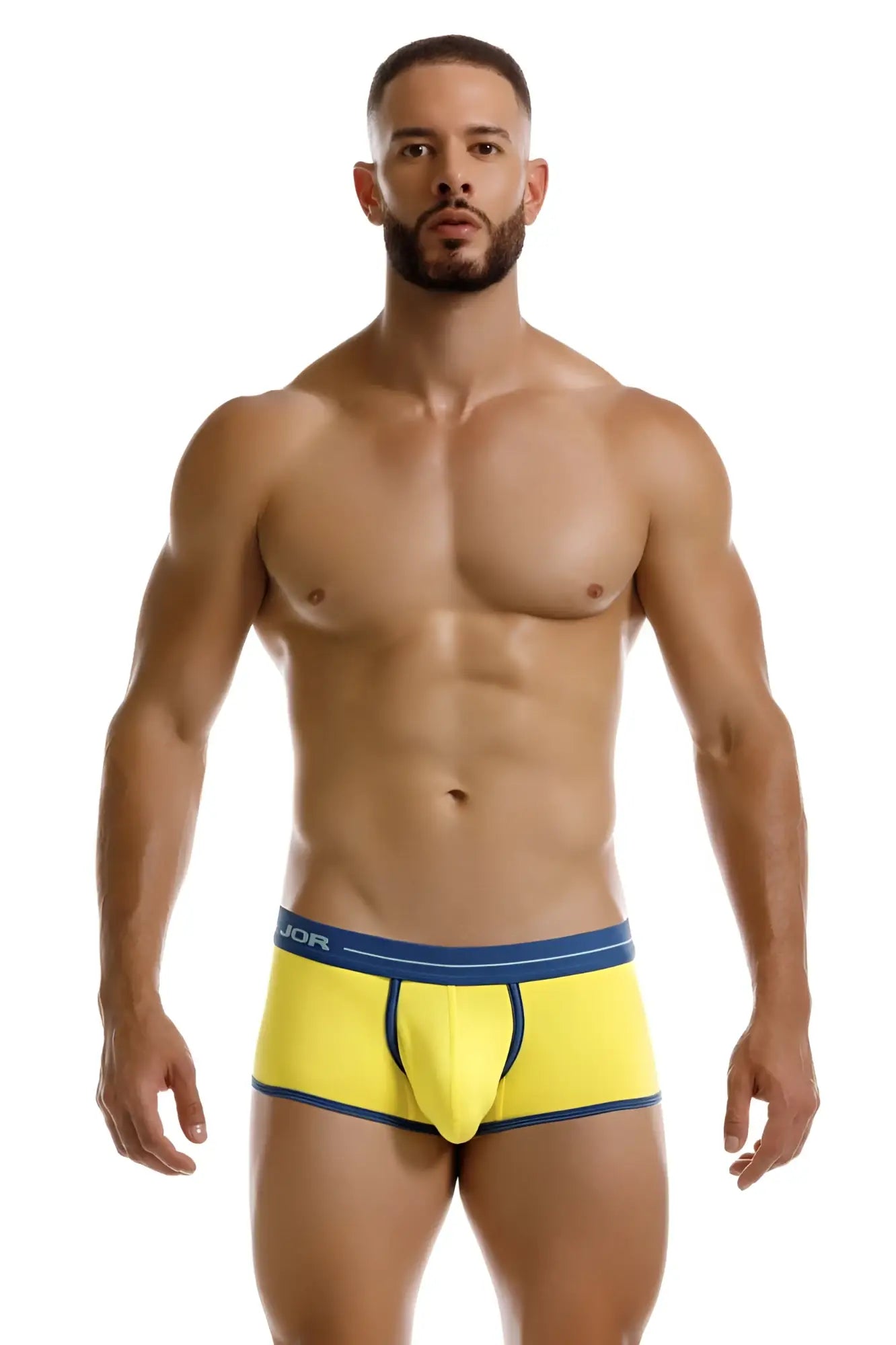 Bright yellow jor 2243 astra trunks briefs with navy blue trim and waistband featuring the jor logo