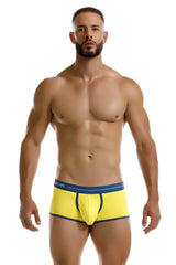 Bright yellow jor 2243 astra trunks briefs with navy blue trim and waistband featuring the jor logo