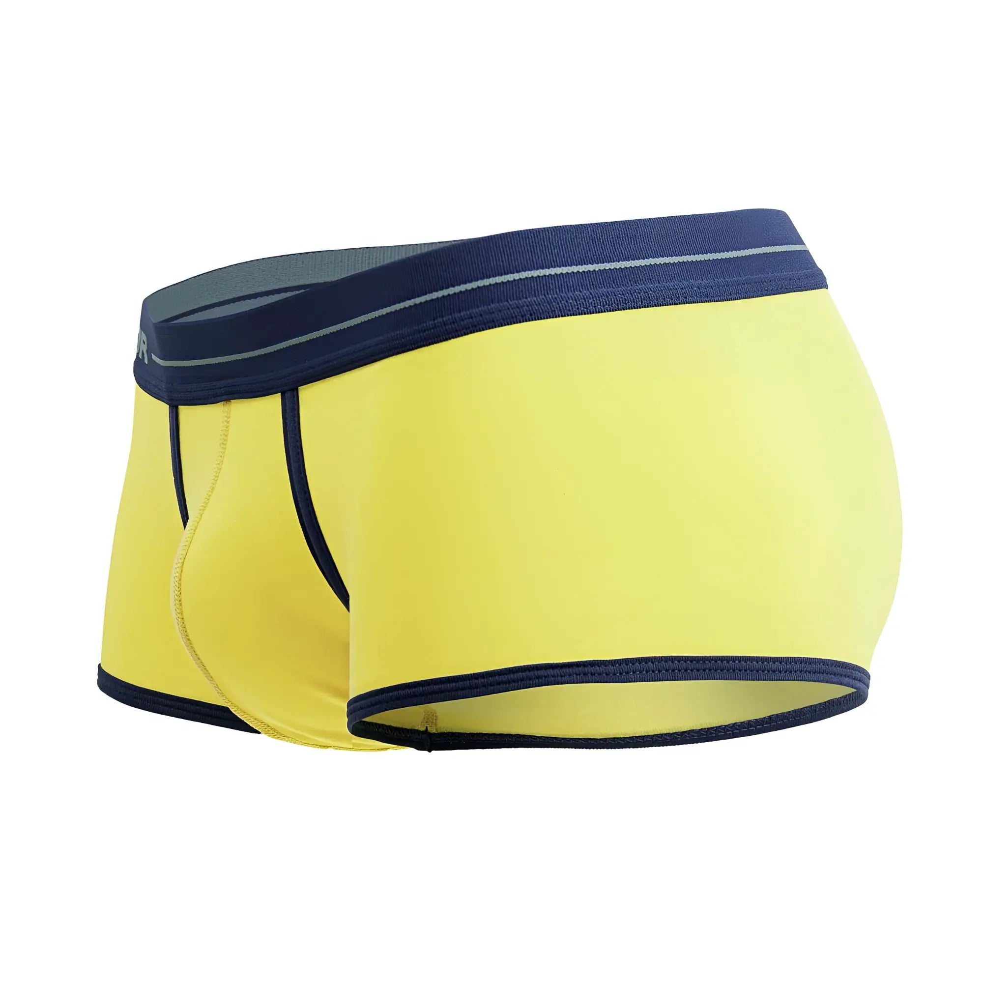 Bright yellow JOR 2243 Astra trunks briefs with navy blue trim and subtle gray stripe on waistband for men