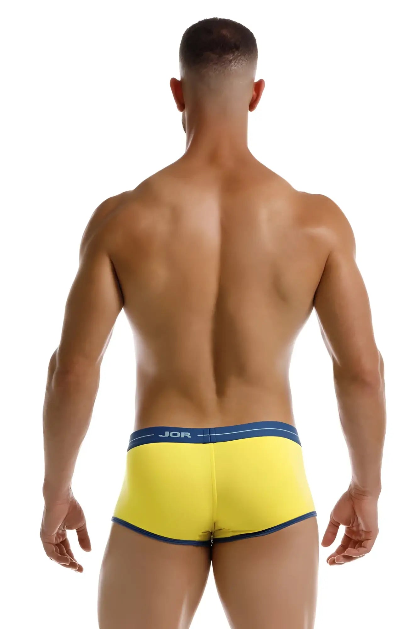 Bright yellow jor 2243 astra trunks briefs with navy blue waistband and trim featuring the jor brand logo