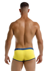Bright yellow jor 2243 astra trunks briefs with navy blue waistband and trim featuring the jor brand logo