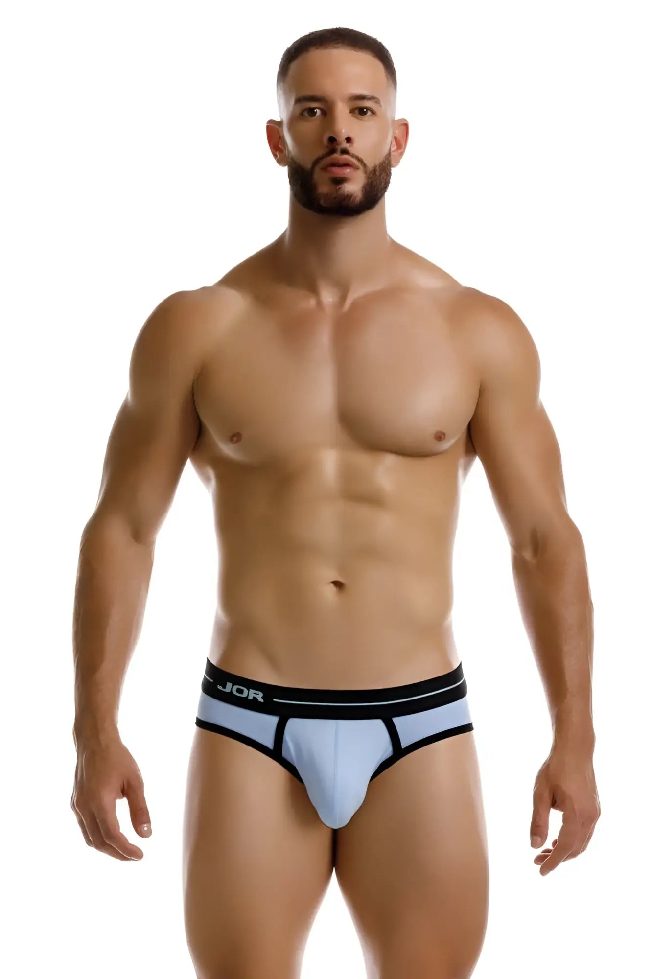 Light blue jor 2244 astra briefs with black trim and branded waistband in a soft comfortable fabric