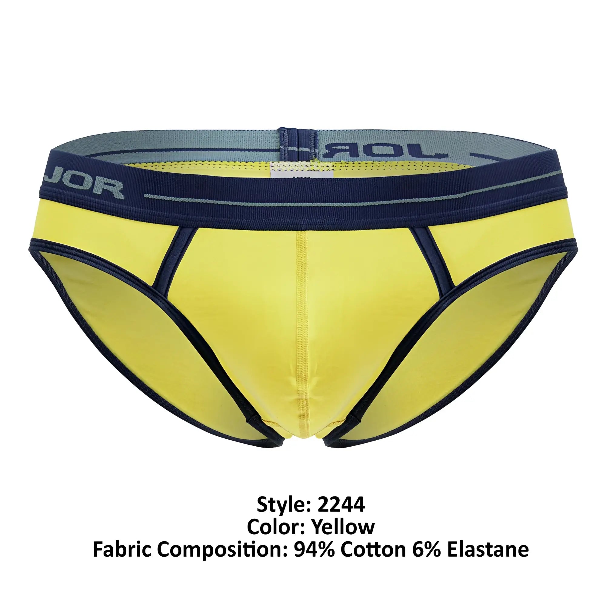 Bright yellow jor 2244 astra briefs with navy blue trim and gray elastic waistband featuring jor logo