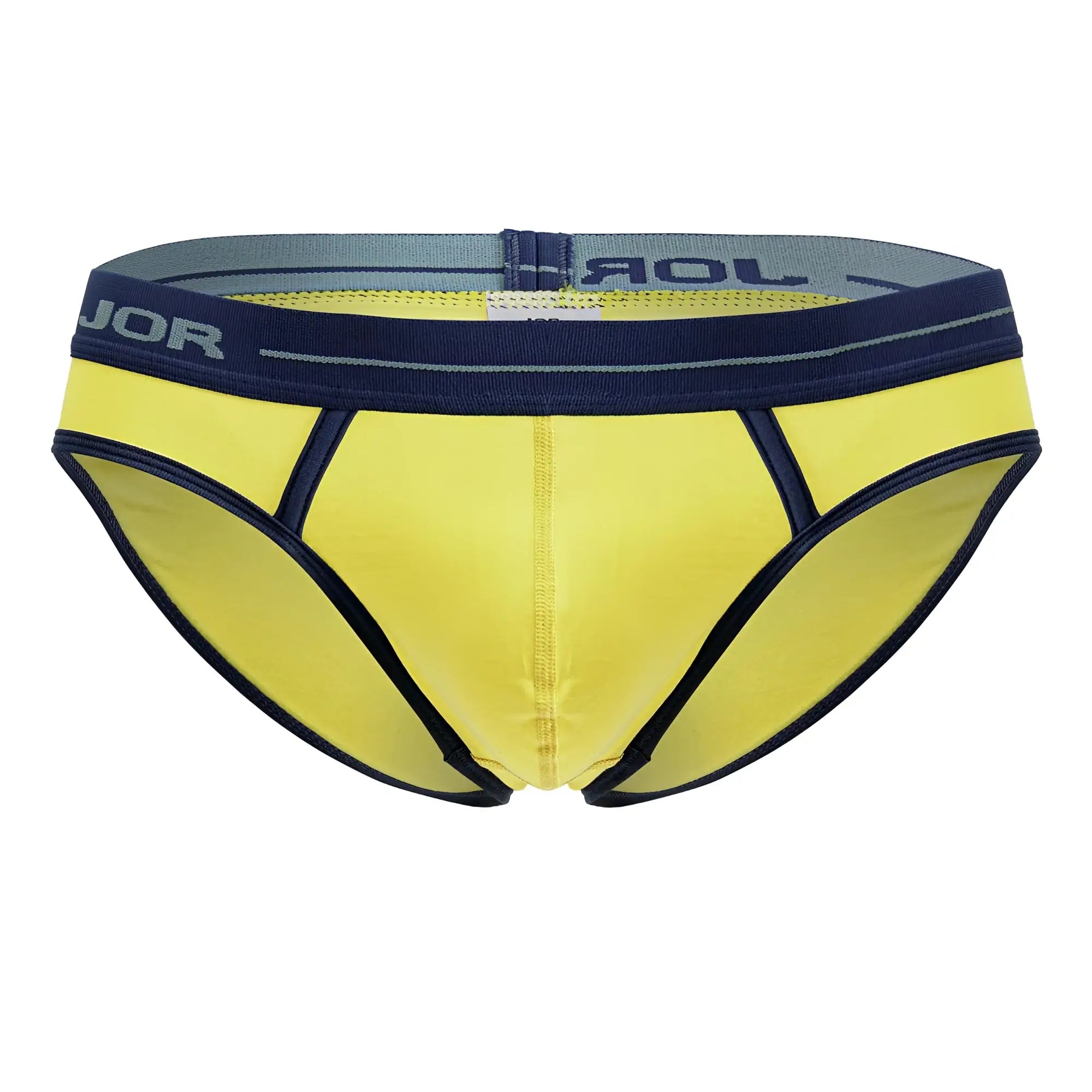 Bright yellow jor 2244 astra men’s briefs with navy trim and gray elastic waistband featuring jor logo