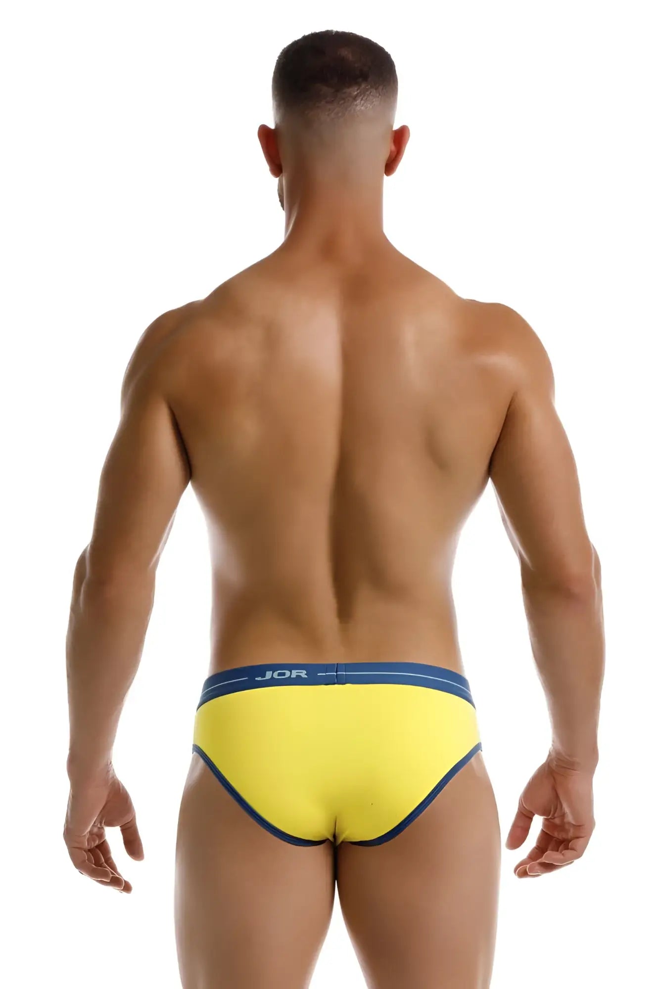 Bright yellow jor 2244 astra briefs with navy blue trim and waistband designed for comfortable everyday wear