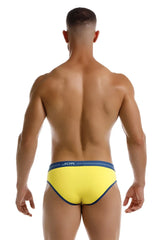 Bright yellow jor 2244 astra briefs with navy blue trim and waistband designed for comfortable everyday wear