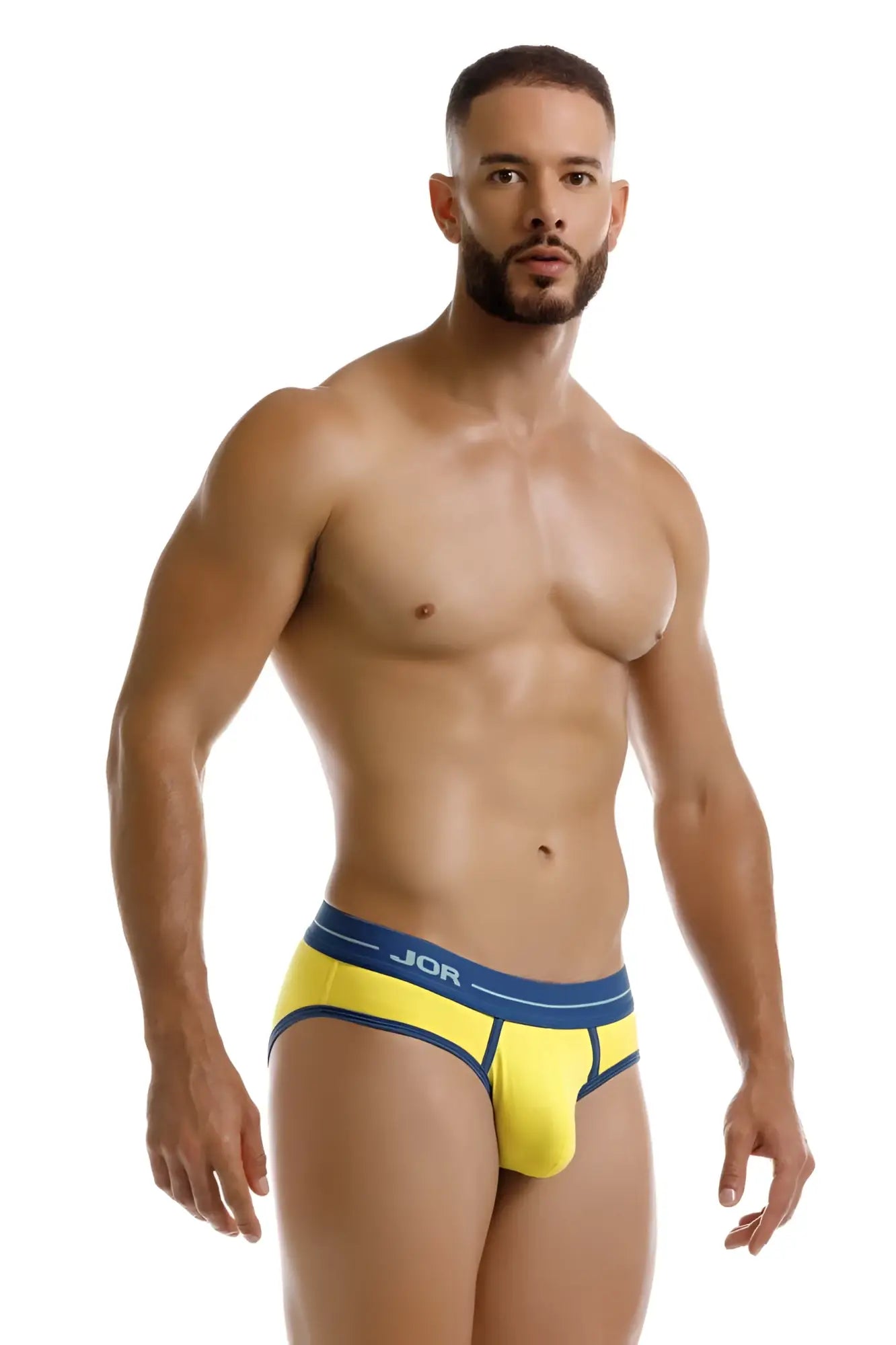 Bright yellow jor 2244 astra briefs with navy blue waistband featuring jor brand logo in comfortable fabric