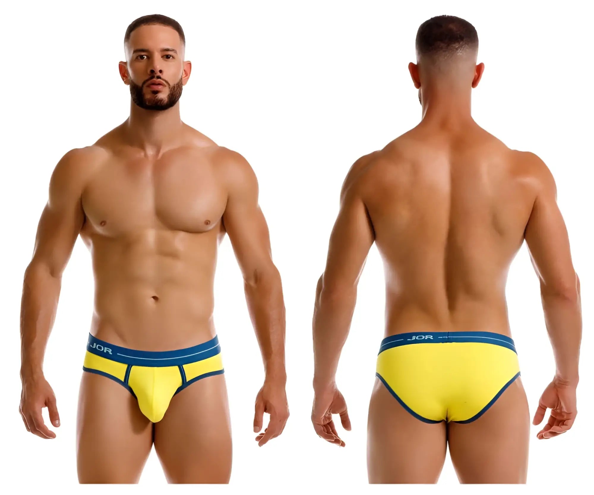 Vibrant yellow jor 2244 astra briefs with contrasting navy blue waistband and trim in a comfortable cotton blend