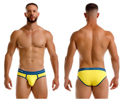 Vibrant yellow jor 2244 astra briefs with contrasting navy blue waistband and trim in a comfortable cotton blend