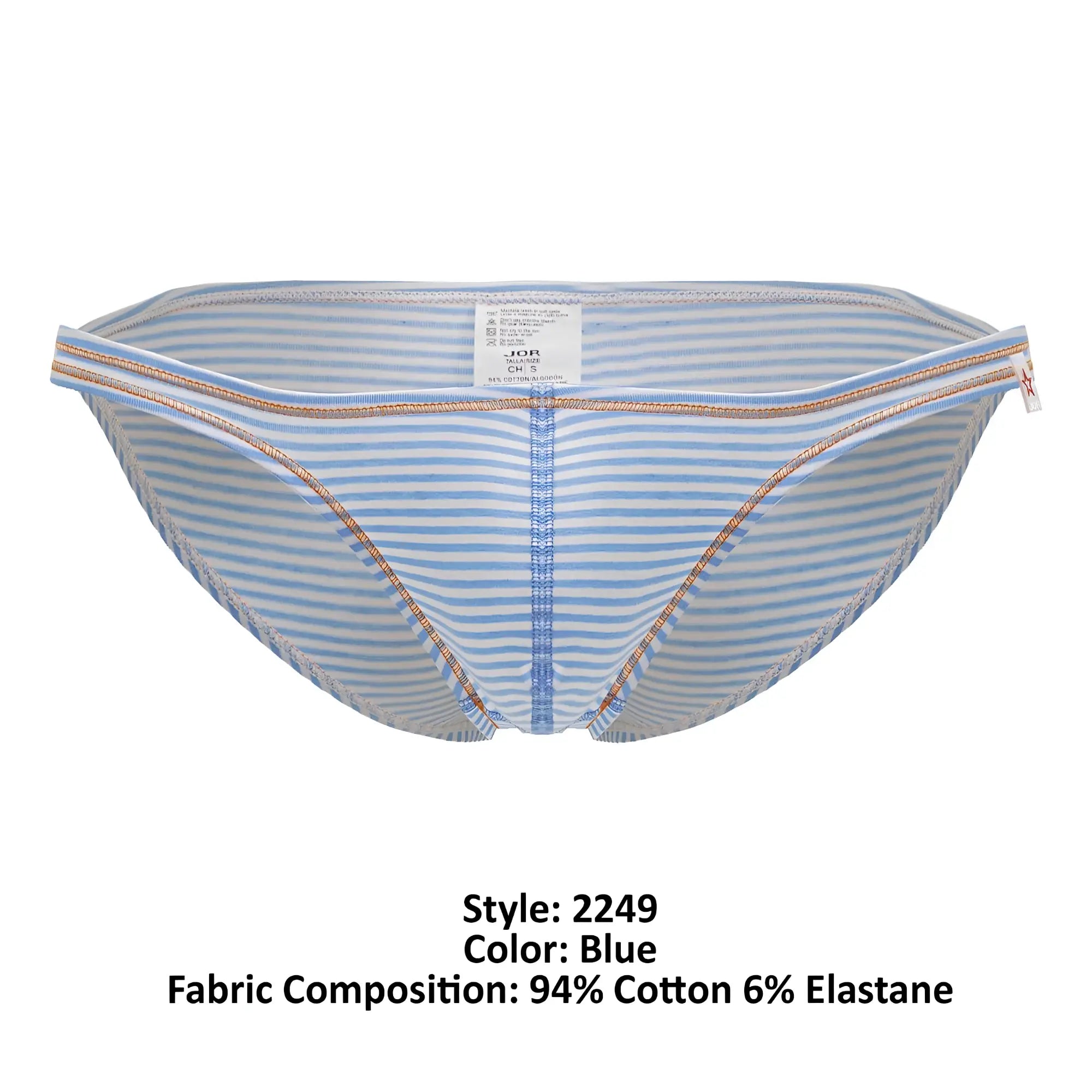Blue striped men’s briefs jor 2249 sour bikini in blue with light blue white stripes and metallic trim on waistband and legs
