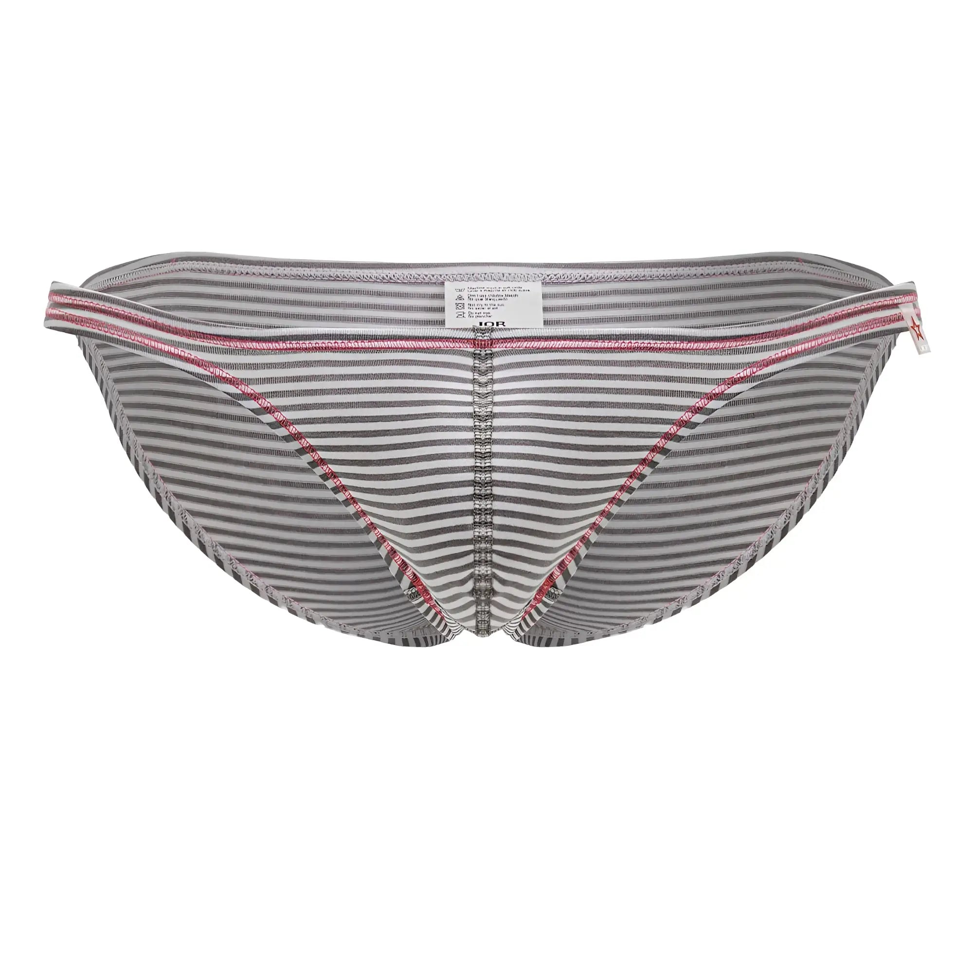 Gray and white striped jor 2249 sour bikini men’s briefs with pink trim on waistband and leg openings