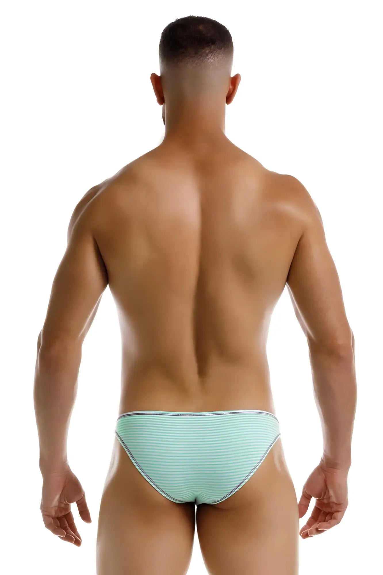 Light blue striped swim trunks with subtle white trim in jor 2249 sour bikini color mint for swimming and beachwear