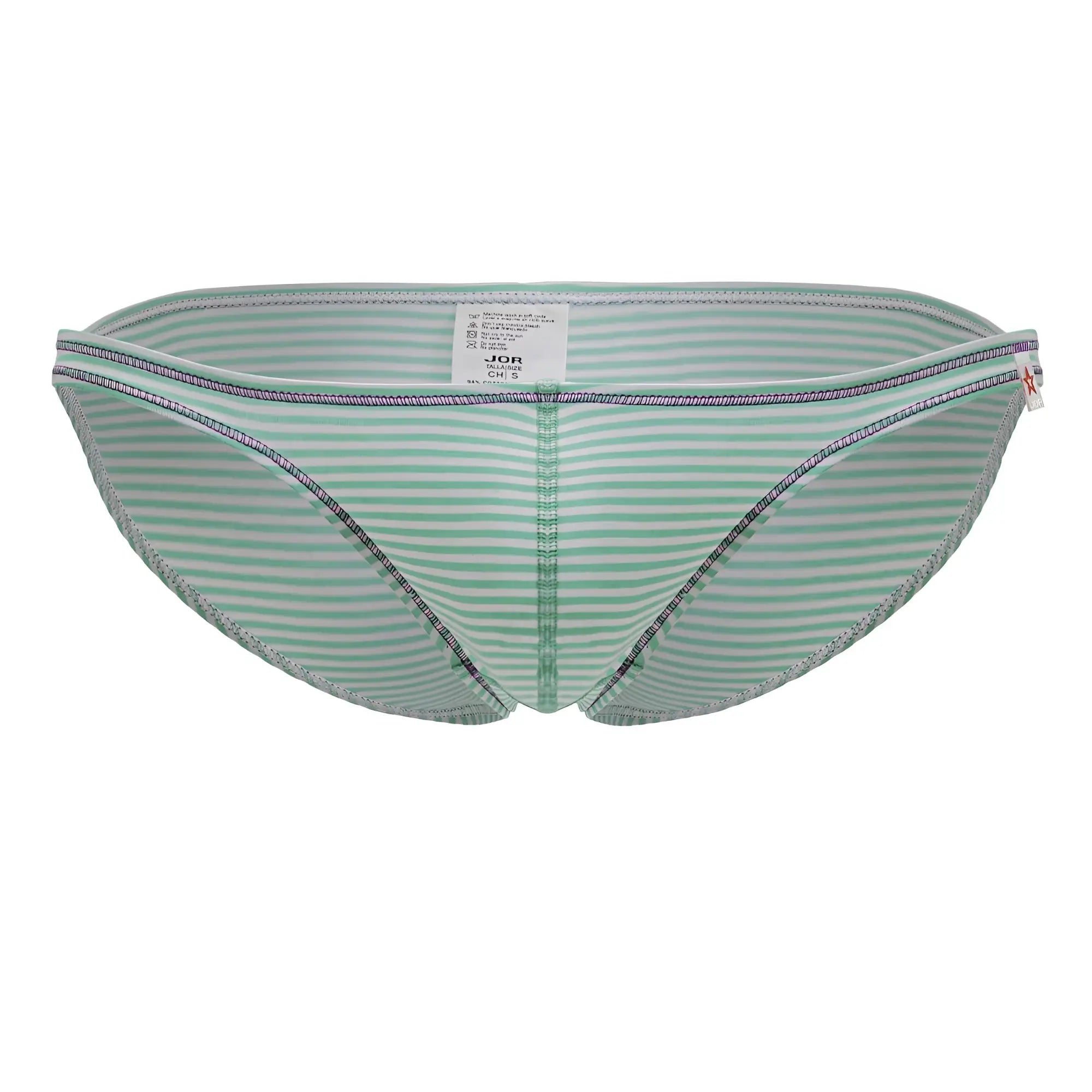 Light green and white striped jor 2249 sour bikini bottom with subtle textured trim in mint color front view