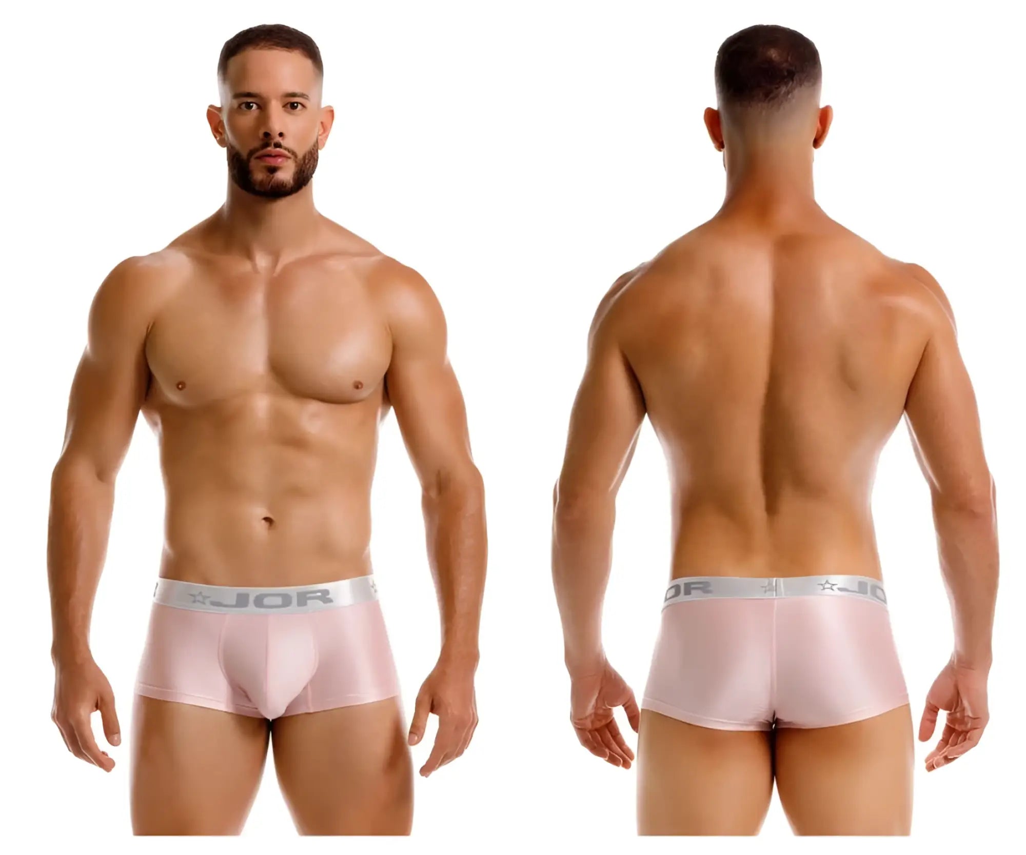 Pink jor 2251 bright trunks men’s briefs with silver waistband featuring brand logo and star emblem