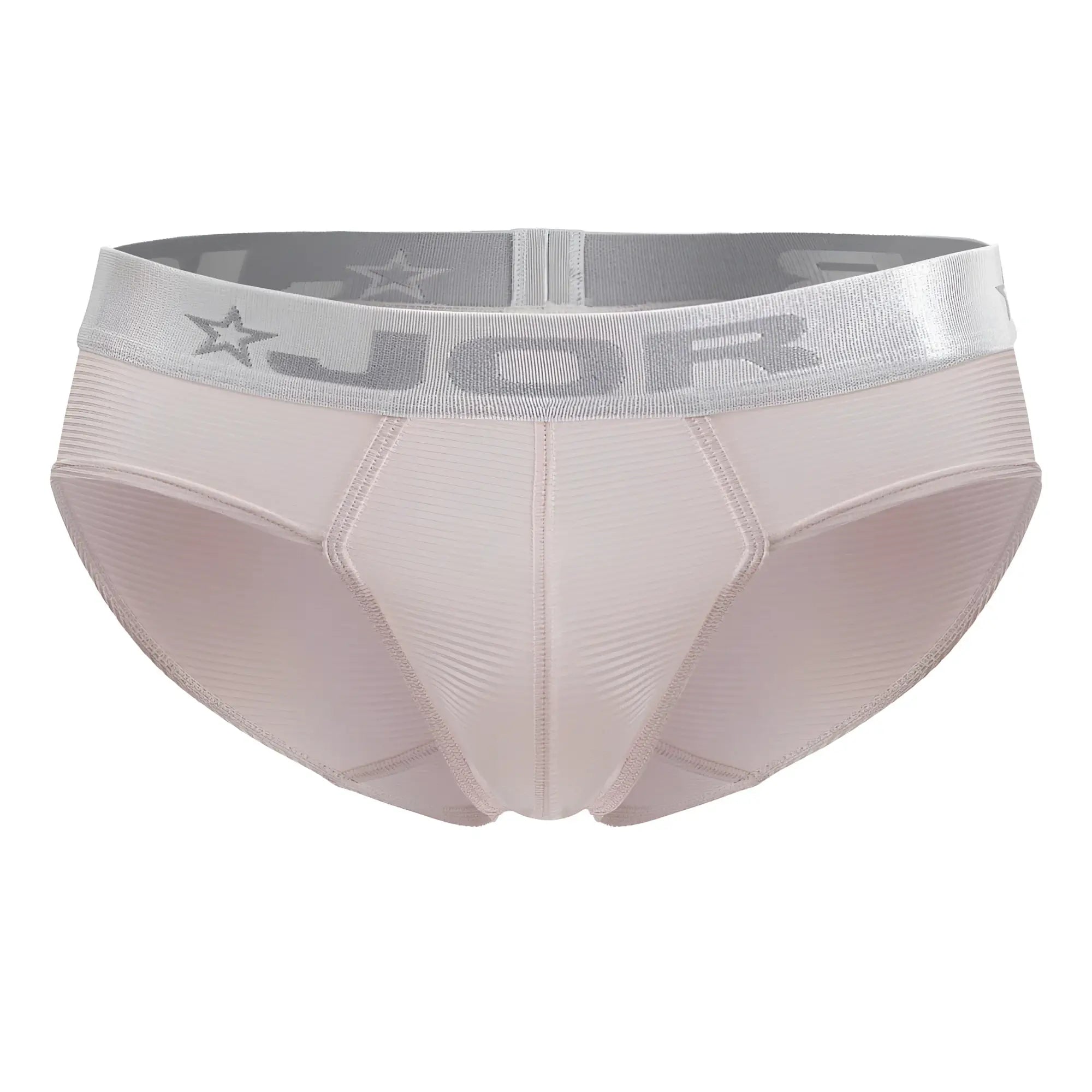 Beige jor 2252 bright briefs with silver waistband featuring brand logo and star motifs in pink color