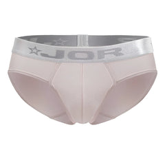 Beige jor 2252 bright briefs with silver waistband featuring brand logo and star motifs in pink color