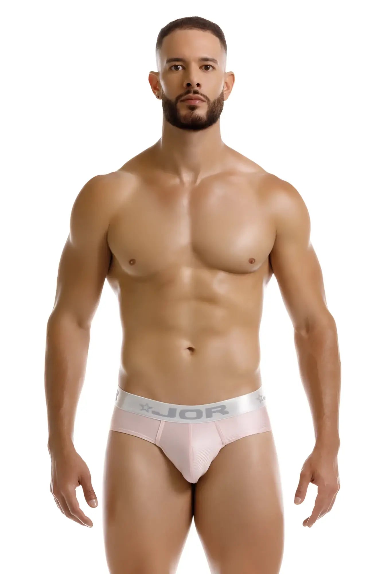 Pink jor 2252 bright briefs with a white elastic waistband featuring the jor logo for comfortable everyday wear