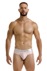 Pink jor 2252 bright briefs with a white elastic waistband featuring the jor logo for comfortable everyday wear