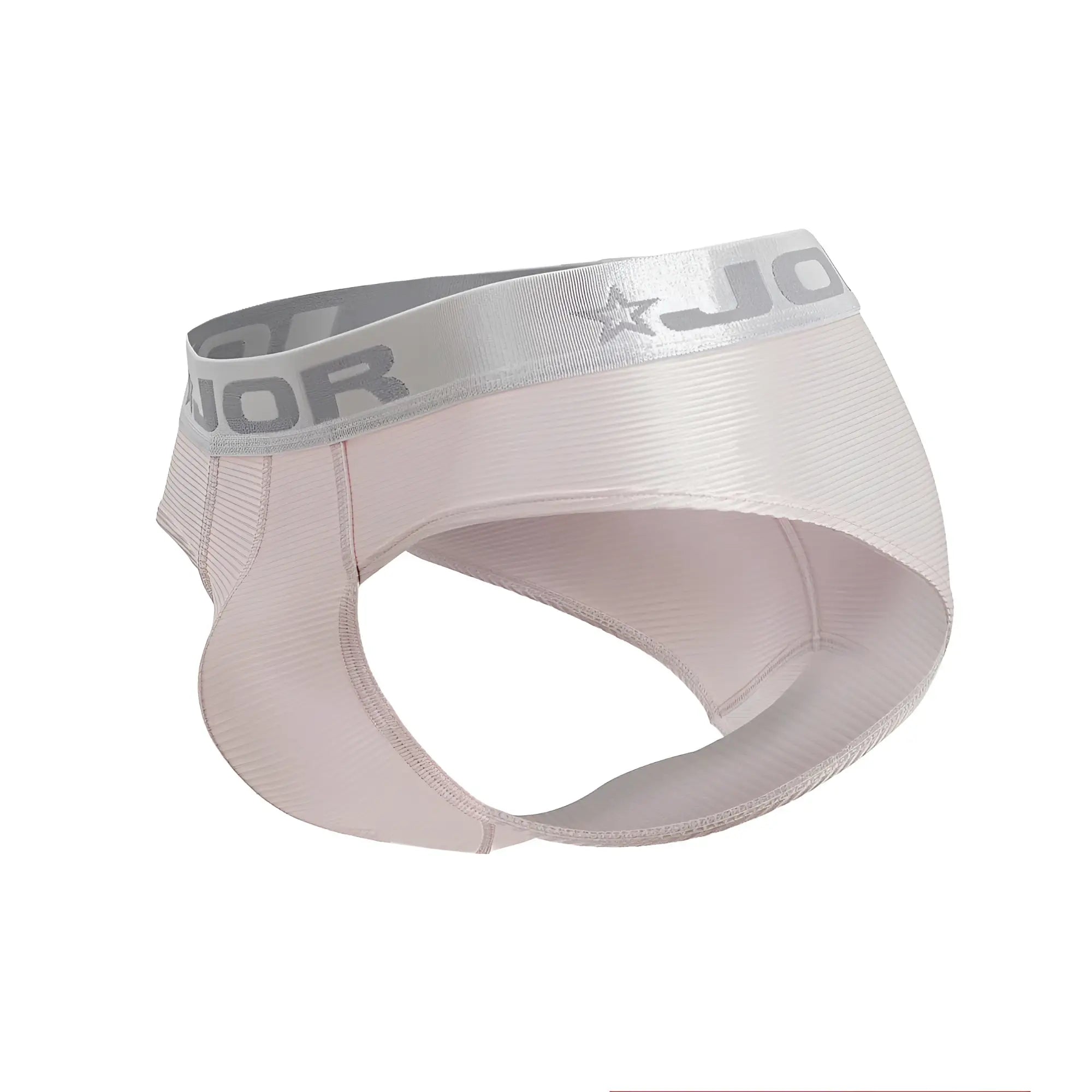 A light pink ribbed fabric brief with a silver elastic waistband featuring jor brand name and star logo
