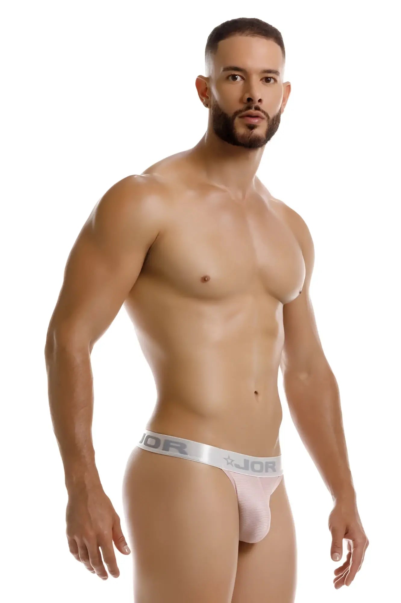 Pink jor 2253 bright thongs with silver waistband featuring jor logo and star emblem in front view