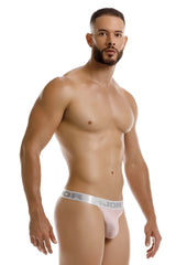 Pink jor 2253 bright thongs with silver waistband featuring jor logo and star emblem in front view
