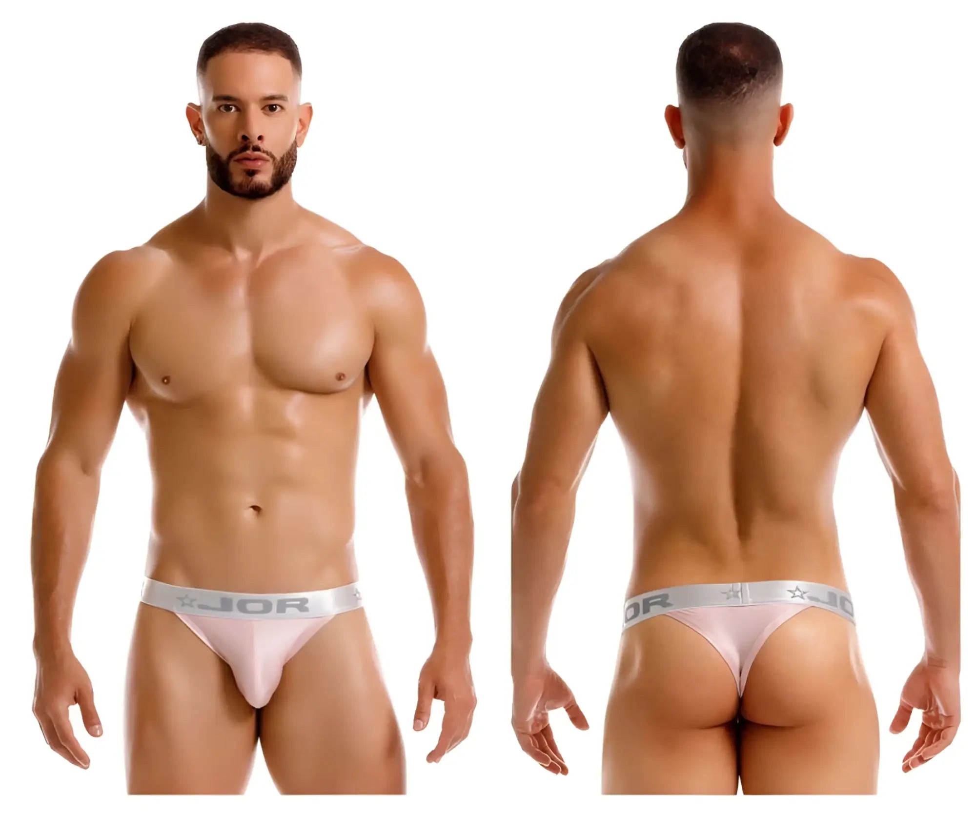 Light pink jor 2253 bright thong briefs with silver waistband featuring jor logo and star emblem visible from front side