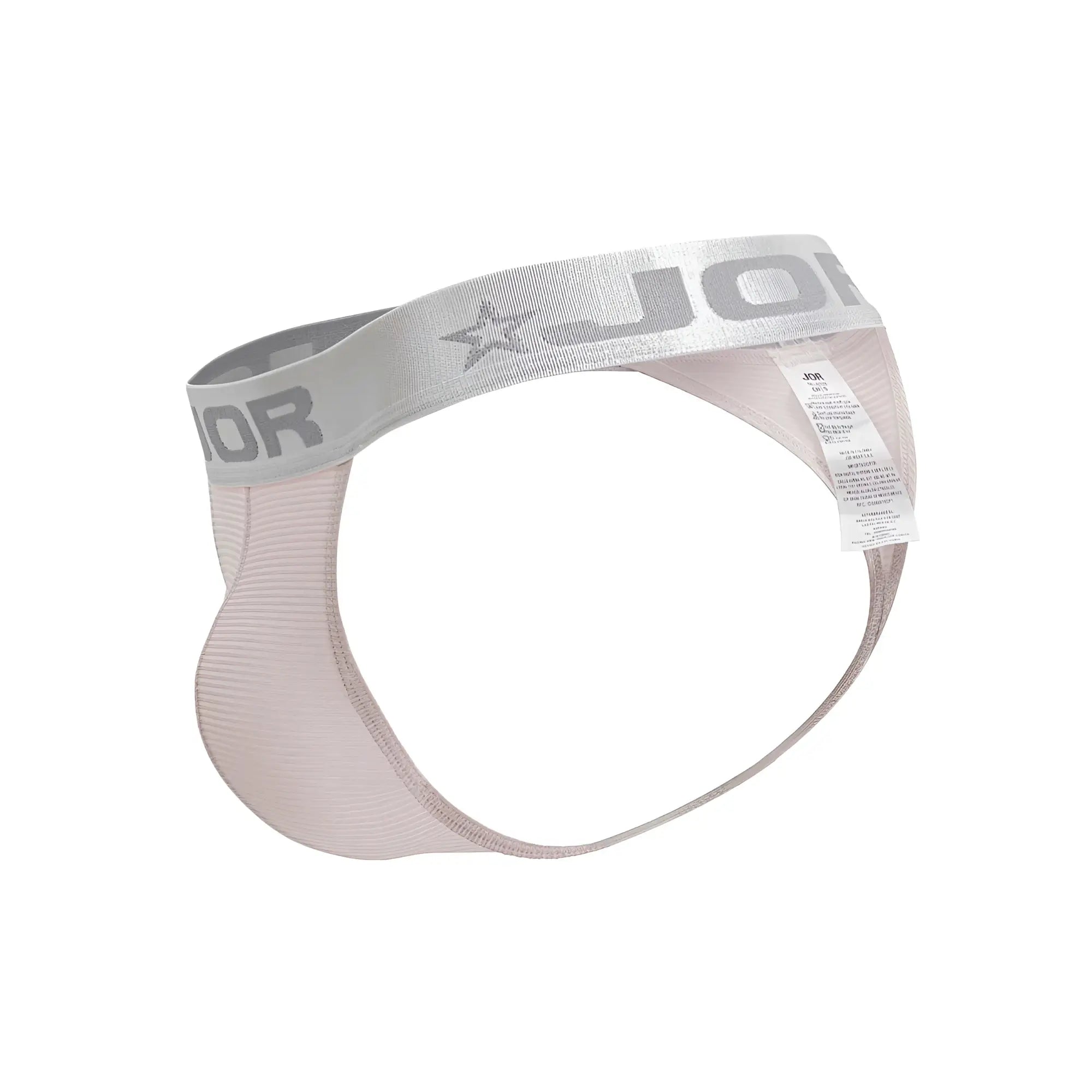 Jor 2253 bright thong in light pink ribbed fabric with silver elastic waistband featuring jor logo and star emblem