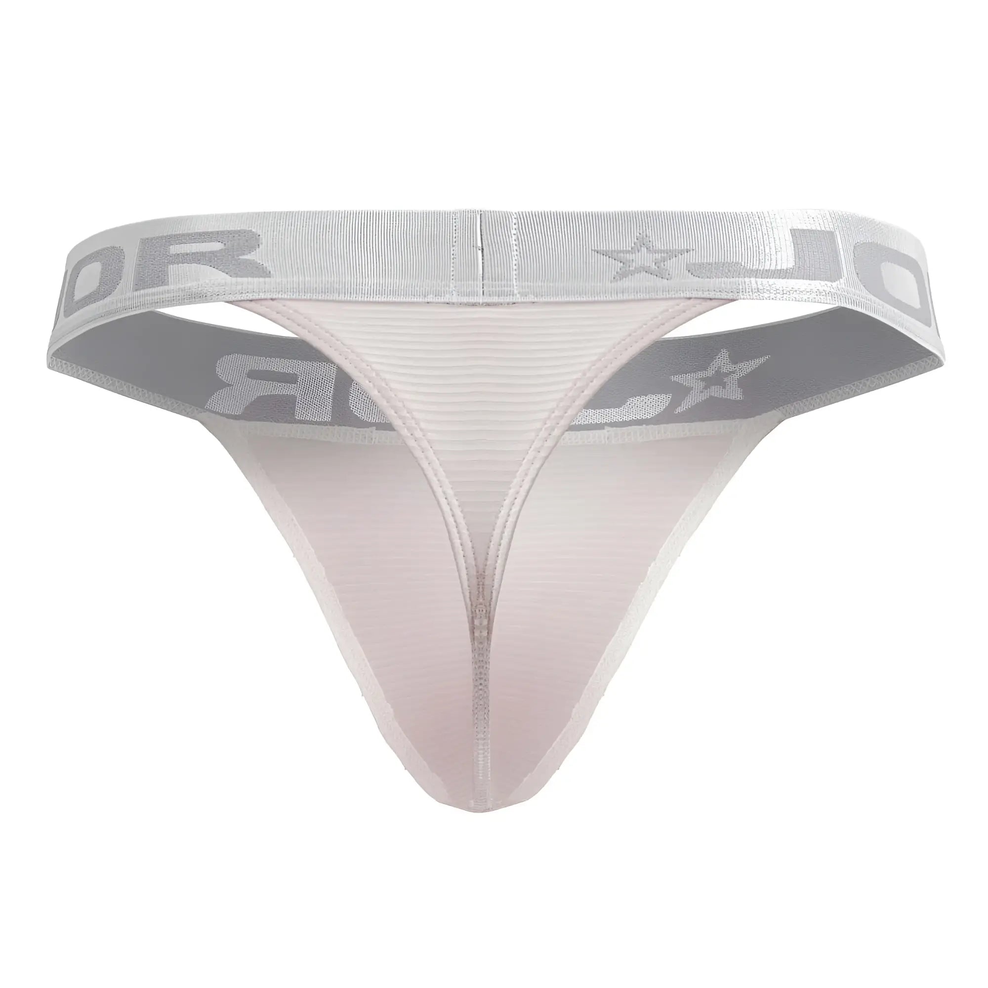 Silver and white bright thong with a ribbed waistband featuring jord branding and star motifs in pink color