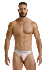 A sleek light pink jor 2253 bright thong with satin finish and silver waistband featuring jor logo