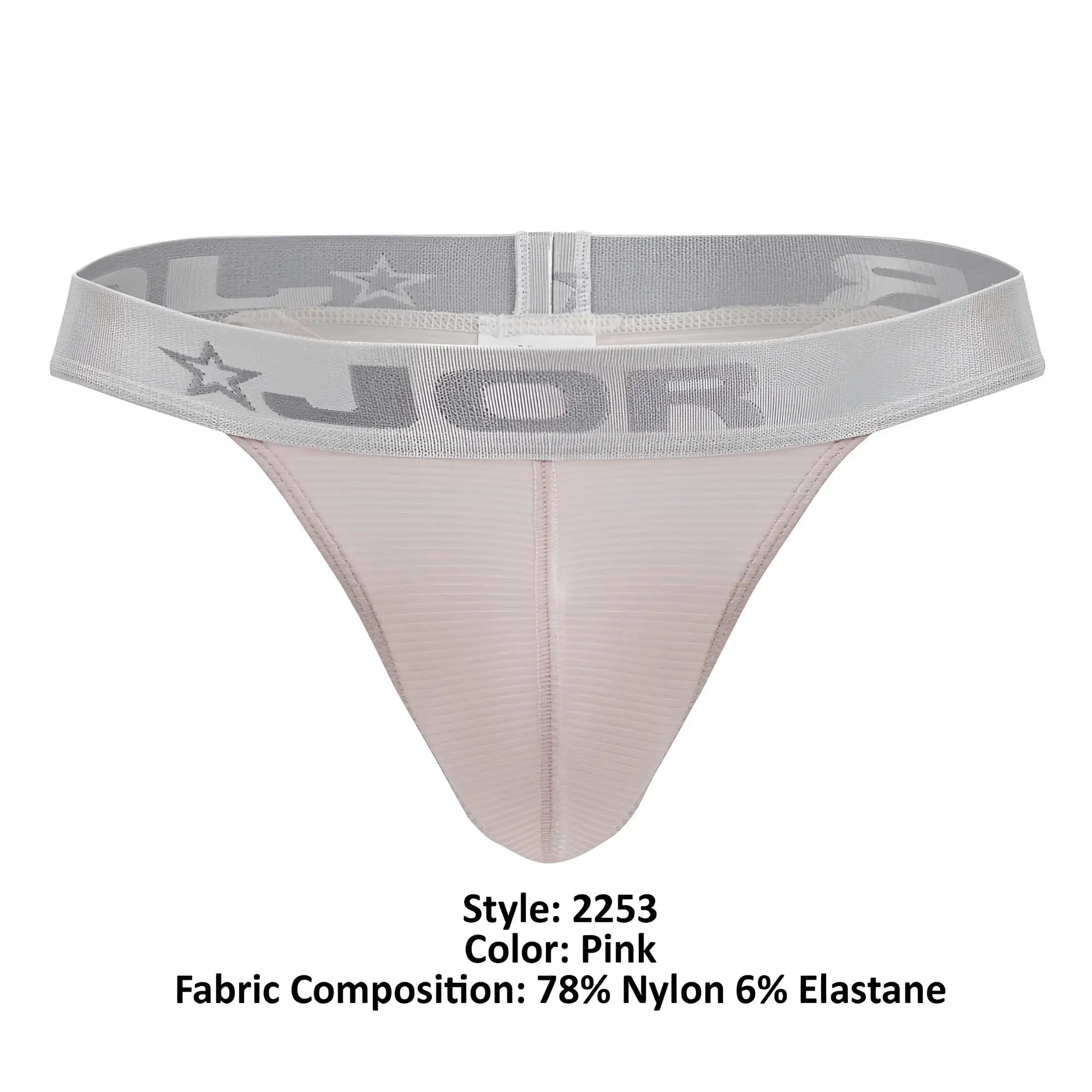 Pink jor 2253 bright thong with a gray waistband featuring star and brand logo details visible from the back side