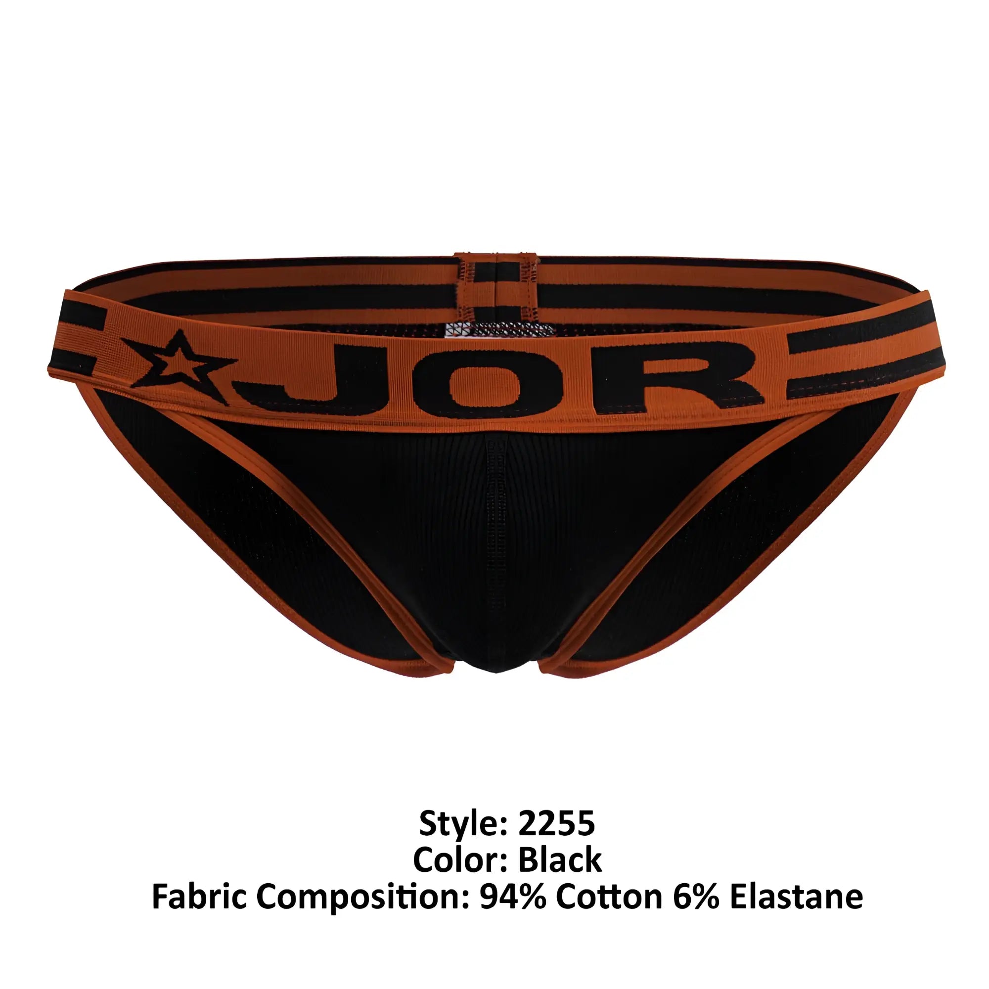 Black jor 2255 rush bikini briefs with orange trim and star logo on waistband for comfortable everyday wear