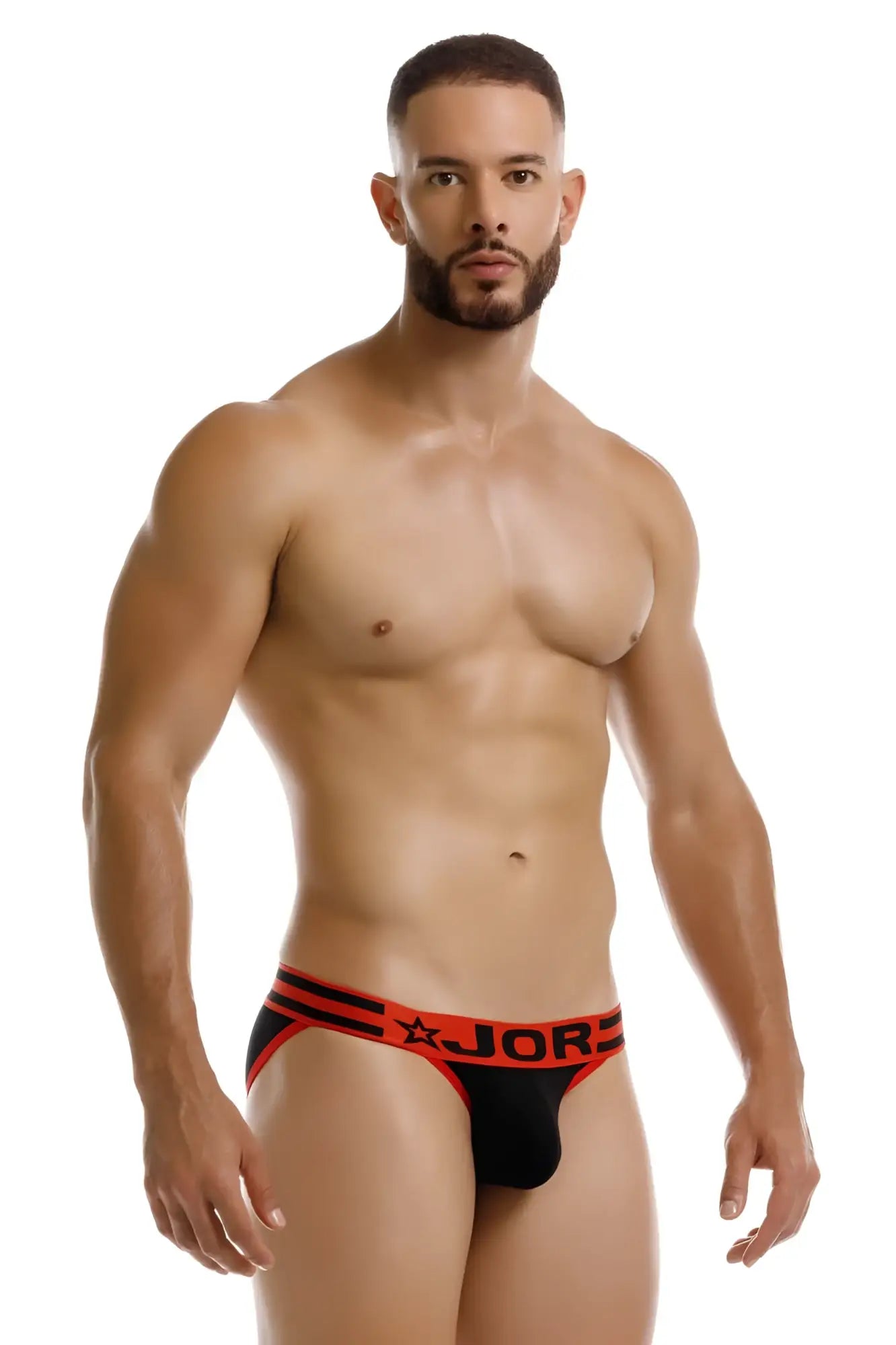 Black jor 2255 rush bikini underwear with bold red trim and star logo in front view