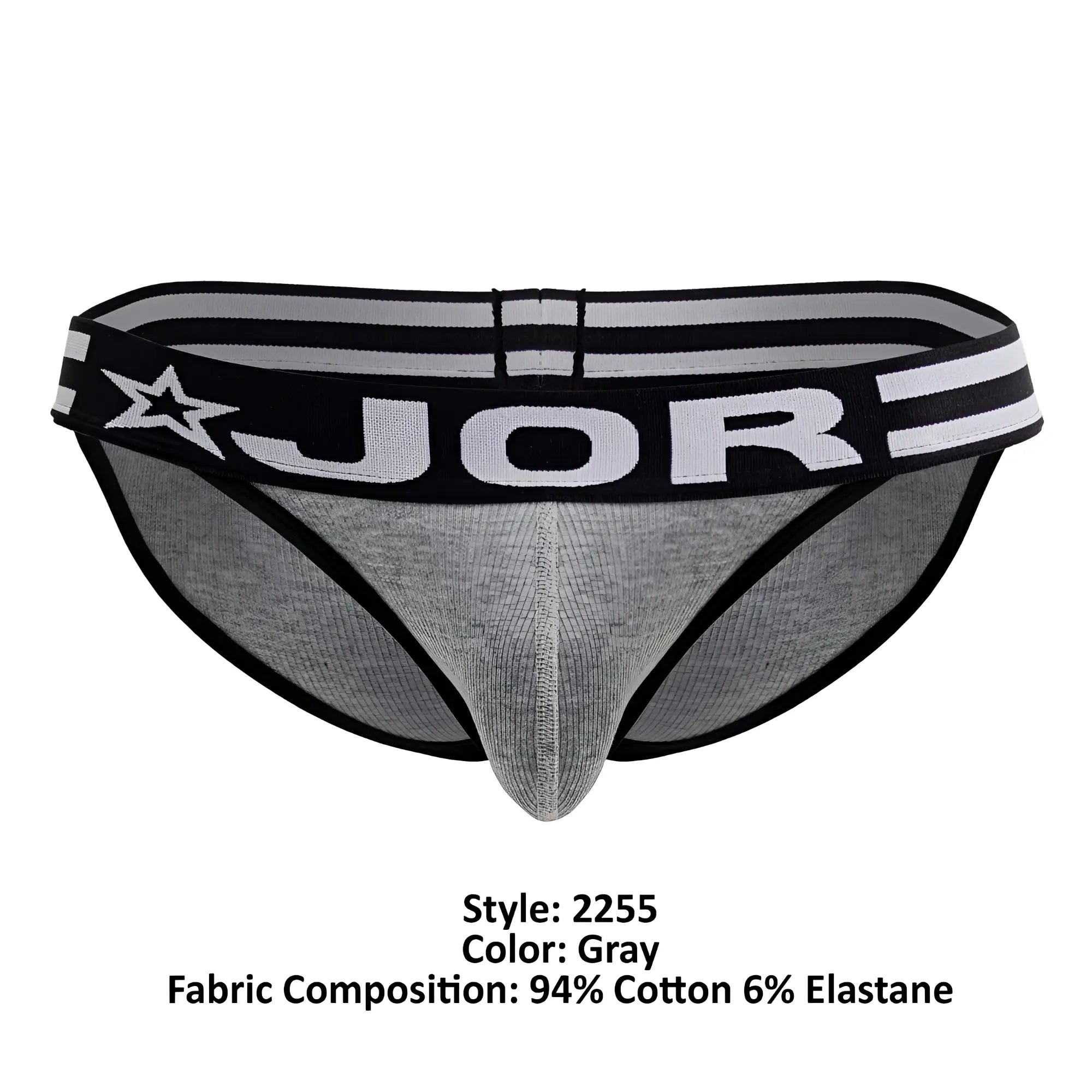 Gray jor 2255 rush bikini briefs with black trim and star logo on waistband in soft breathable fabric