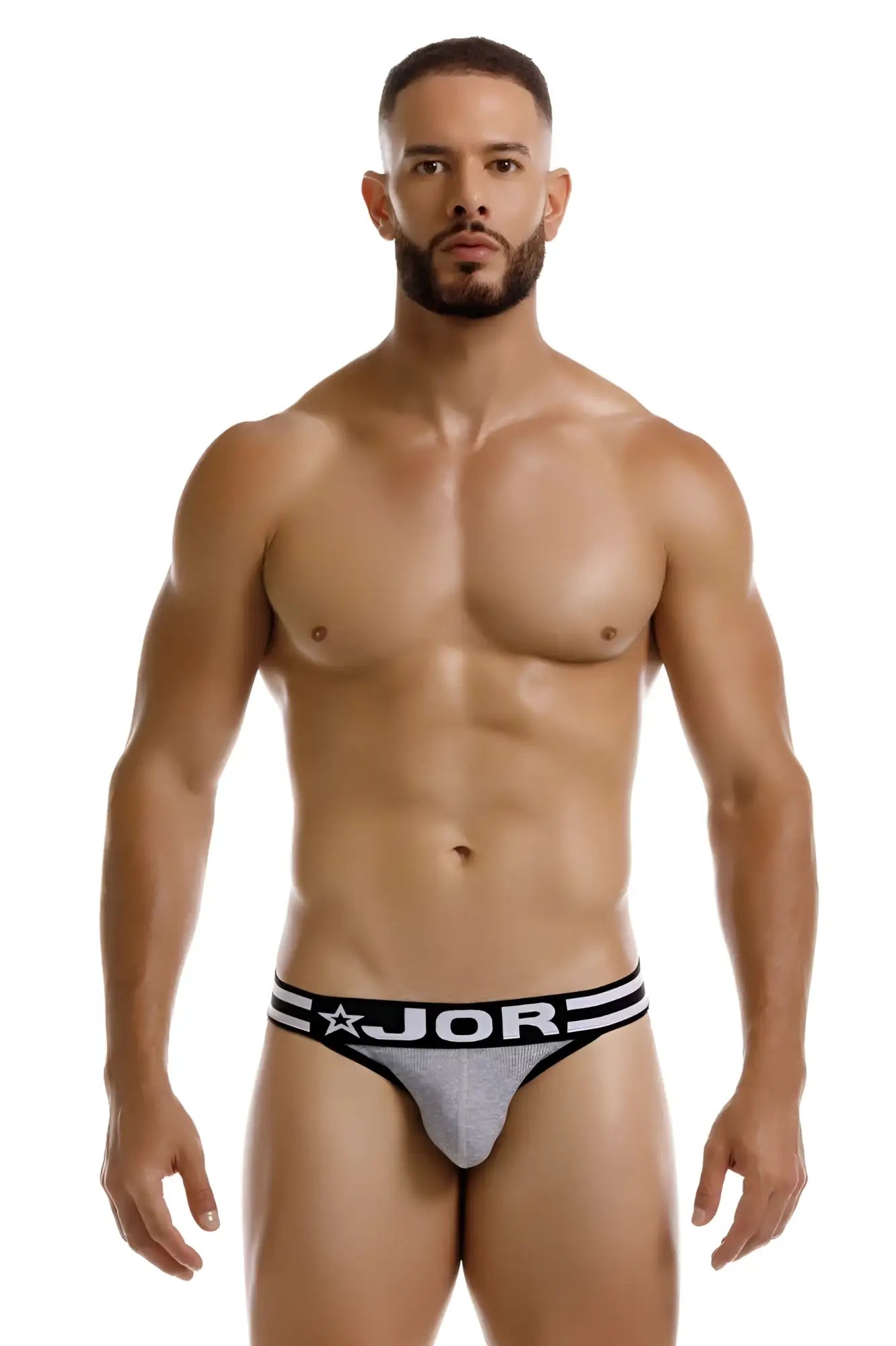 Gray jor 2255 rush bikini briefs with black trim and white lettering designed for comfortable everyday wear