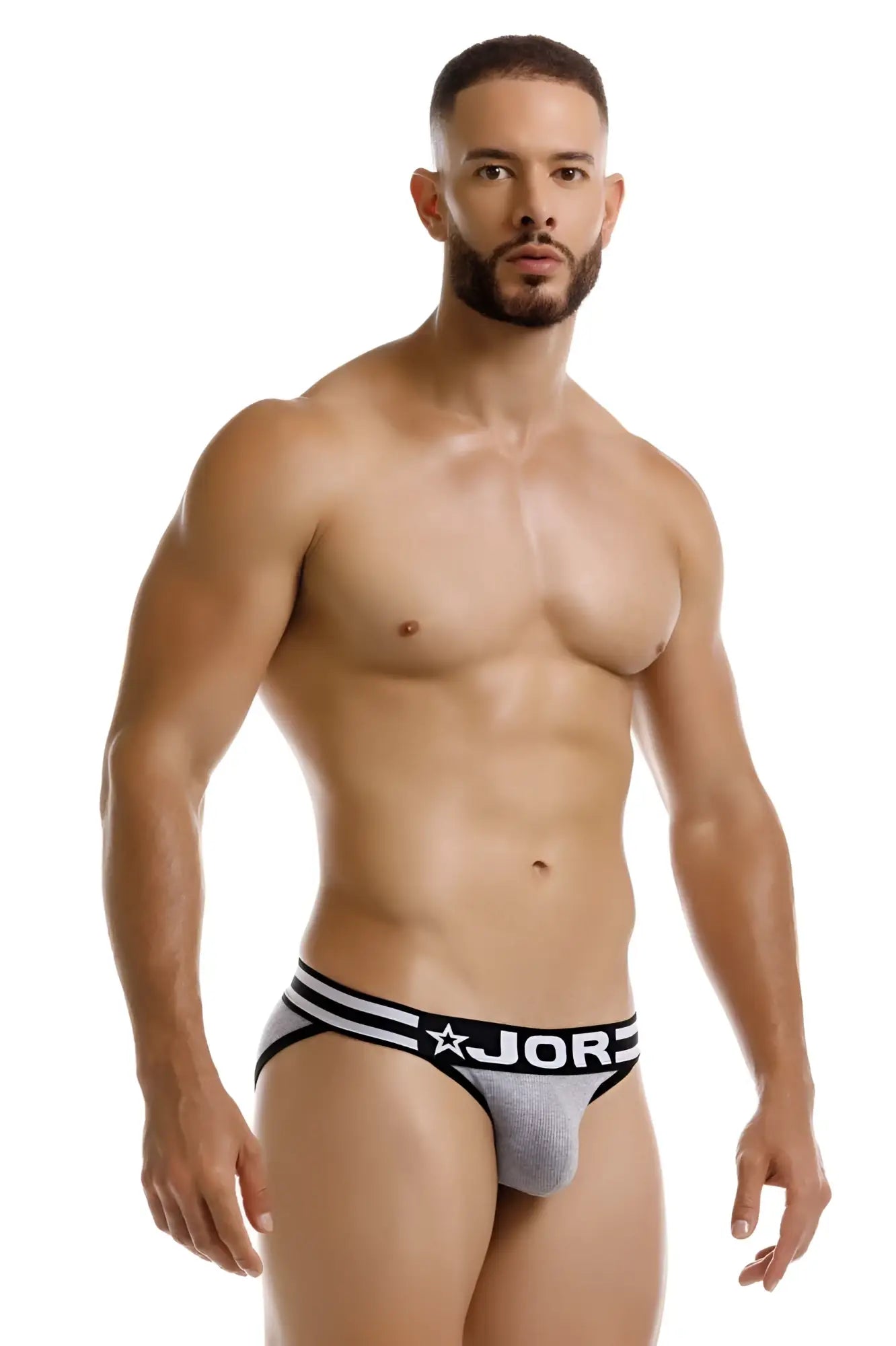 Gray jor 2255 rush bikini briefs with black and white striped waistband featuring a star logo