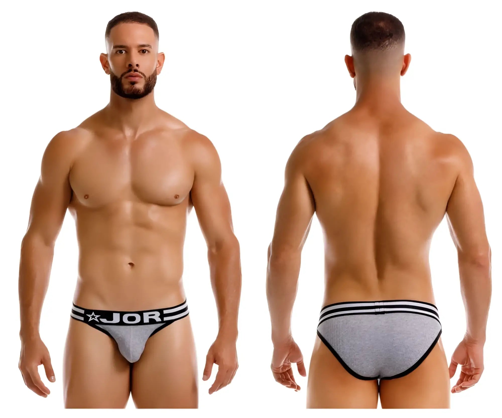 Gray jor 2255 rush bikini briefs with black trim and star logo on waistband in stretchy breathable fabric