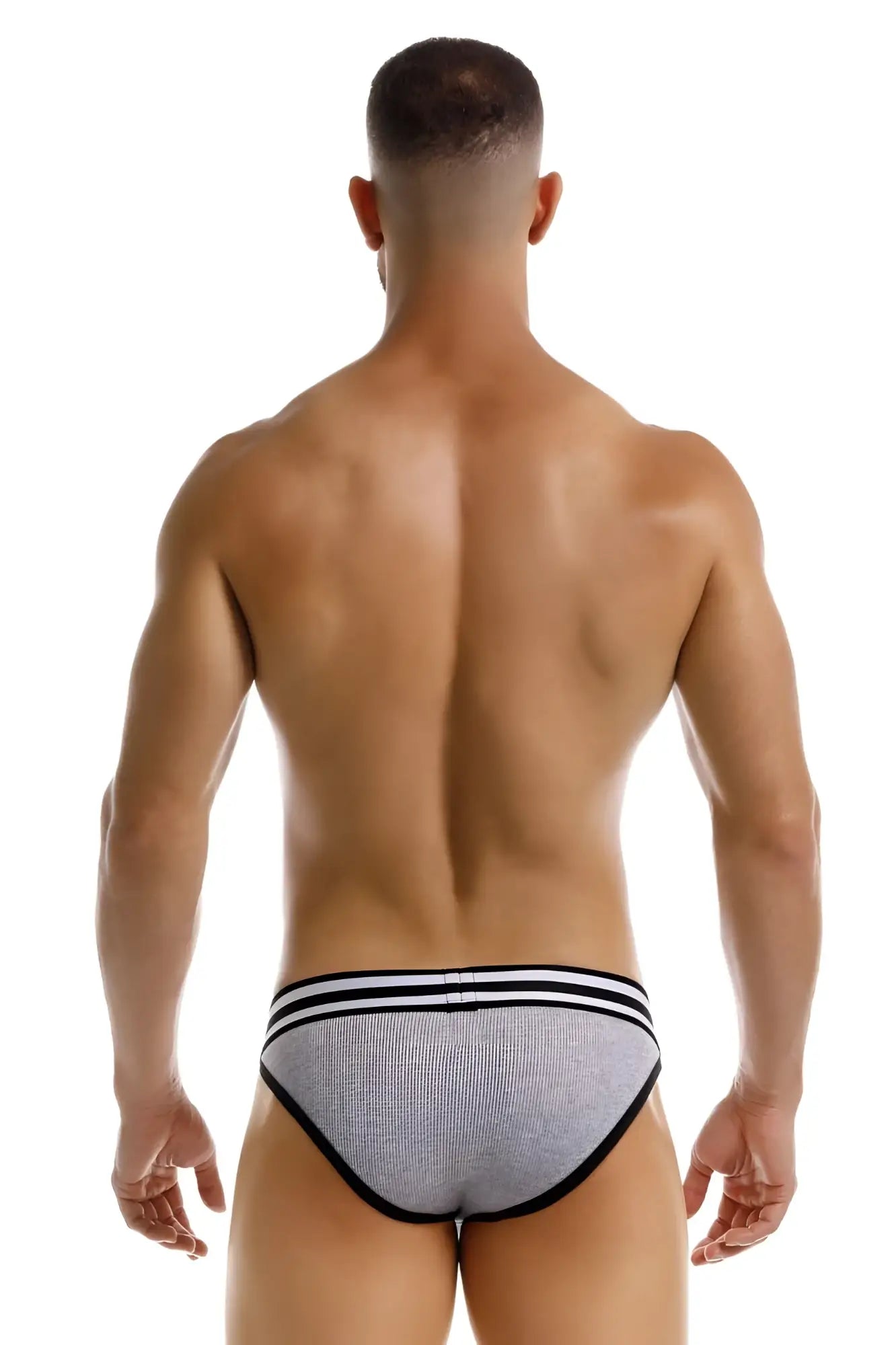 Gray jor 2255 rush bikini briefs with black trim and three horizontal stripes on the waistband