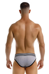 Gray jor 2255 rush bikini briefs with black trim and three horizontal stripes on the waistband