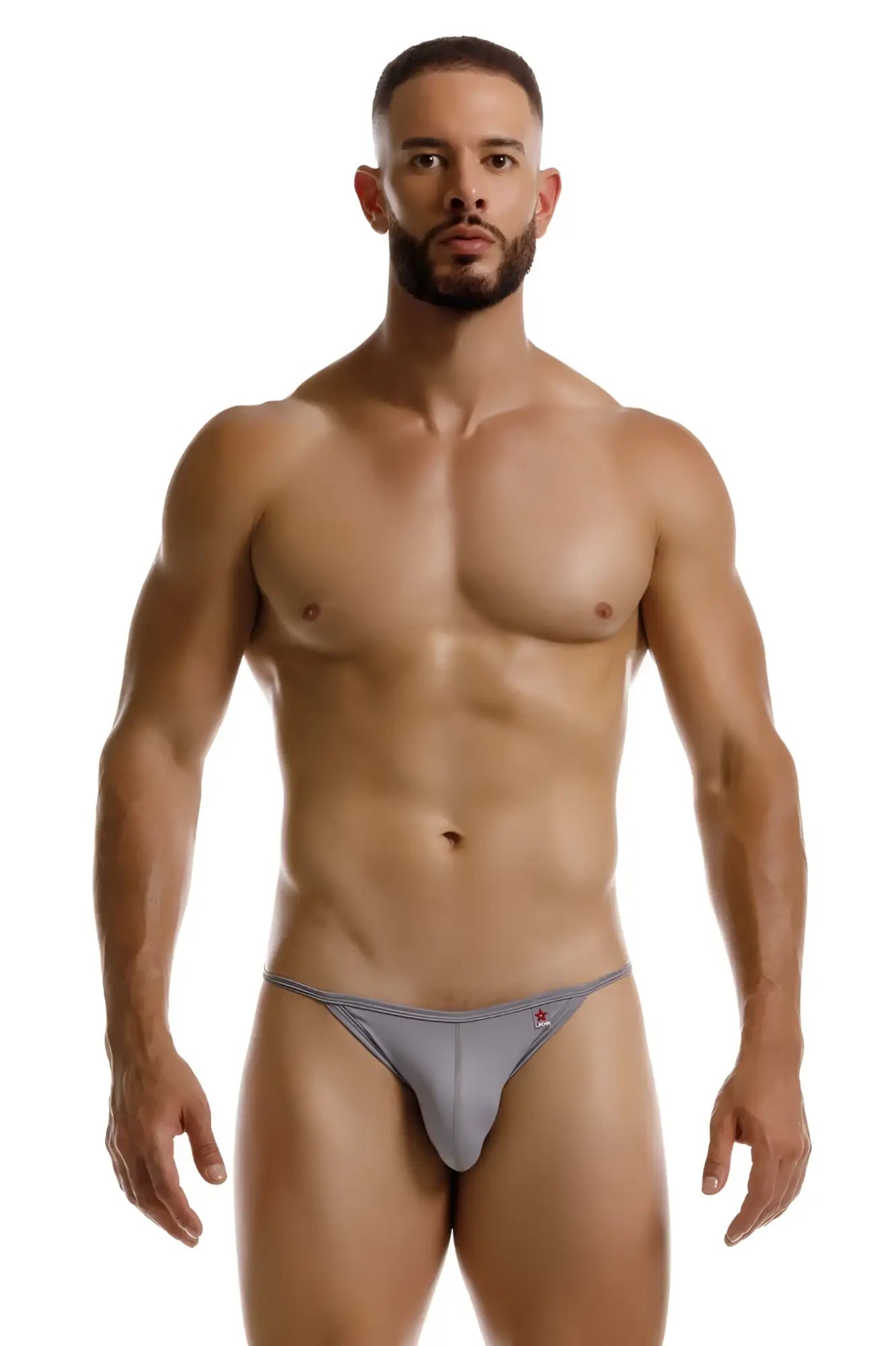 Gray jor 2257 axel bikini briefs with subtle red and white logo on the left hip for athletic wear