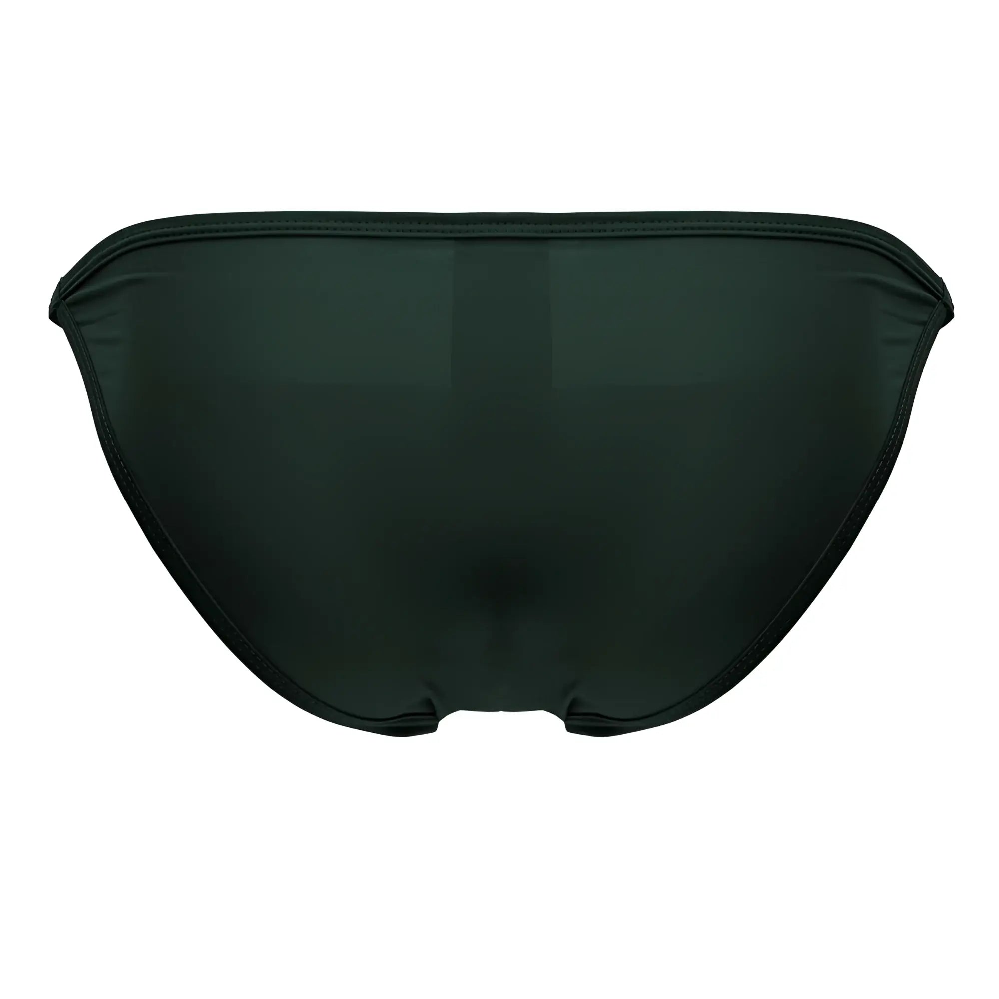 Black satin axel bikini briefs in green with smooth glossy finish and seamless stitching along the edges