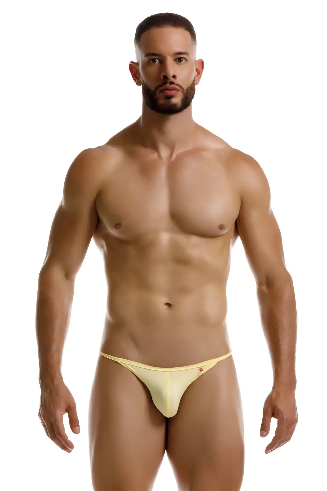 A sleek pale yellow JOR 2257 Axel bikini thong with a subtle logo on the sideband for swimwear use