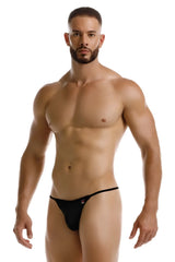 Black jor 2258 axel g-string thong with red and white logo on left hipband showing back side