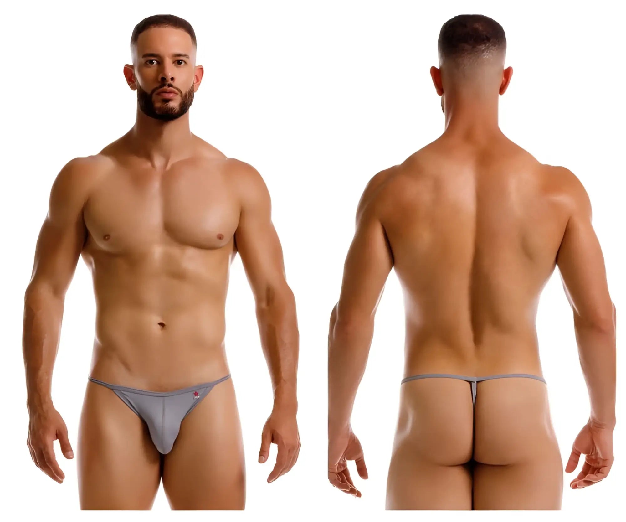 Gray JOR 2258 Axel G-string thong underwear with subtle pink logo on the left hip showing the back side