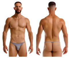 Gray JOR 2258 Axel G-string thong underwear with subtle pink logo on the left hip showing the back side