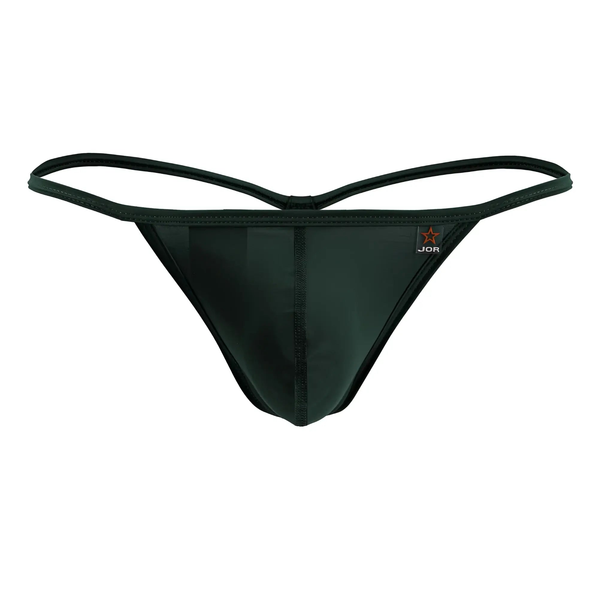 Black JOR 2258 Axel green thong made of smooth glossy fabric with thin elastic straps shown from the back side