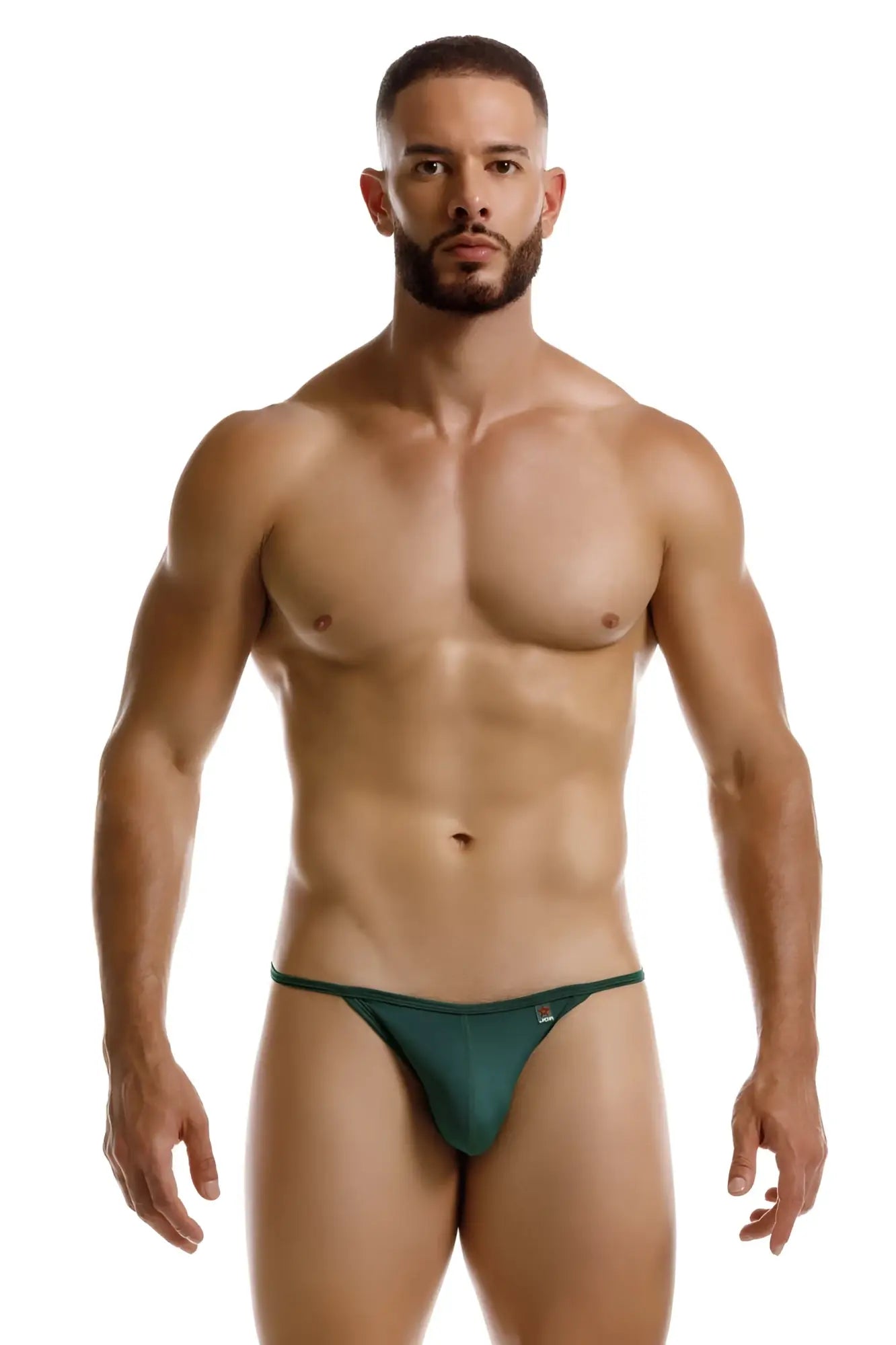 Dark green form-fitting jor 2258 axel g-string thong with small logo on left hipband shown from the back side