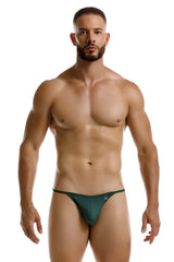 Dark green form-fitting jor 2258 axel g-string thong with small logo on left hipband shown from the back side