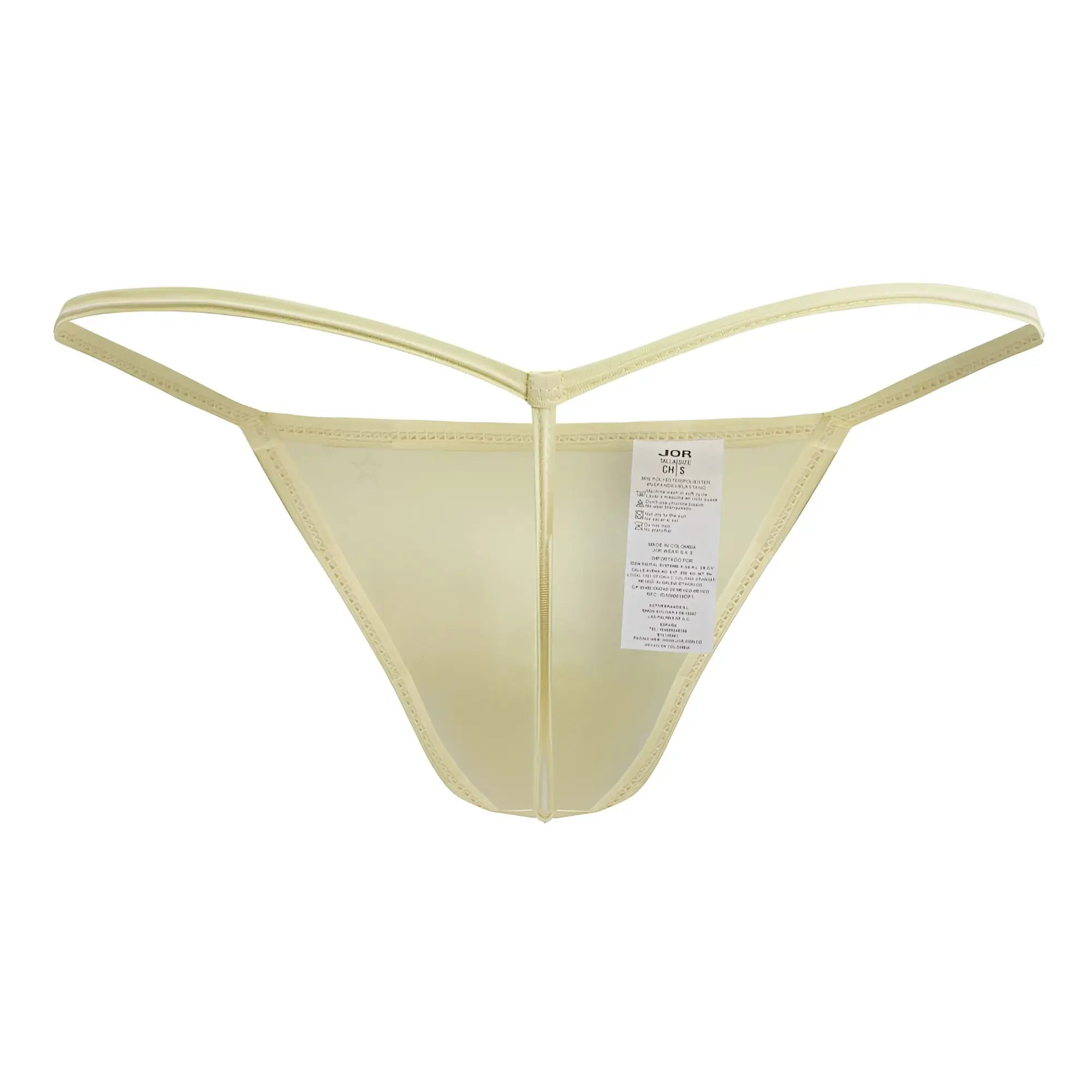 Jor 2258 axel g-string in pale yellow sheer mesh with thin straps and central seam shown from the back
