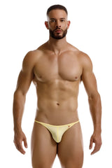 A pale yellow form-fitting thong with a subtle red logo on the left hipband jor 2258 axel g-string